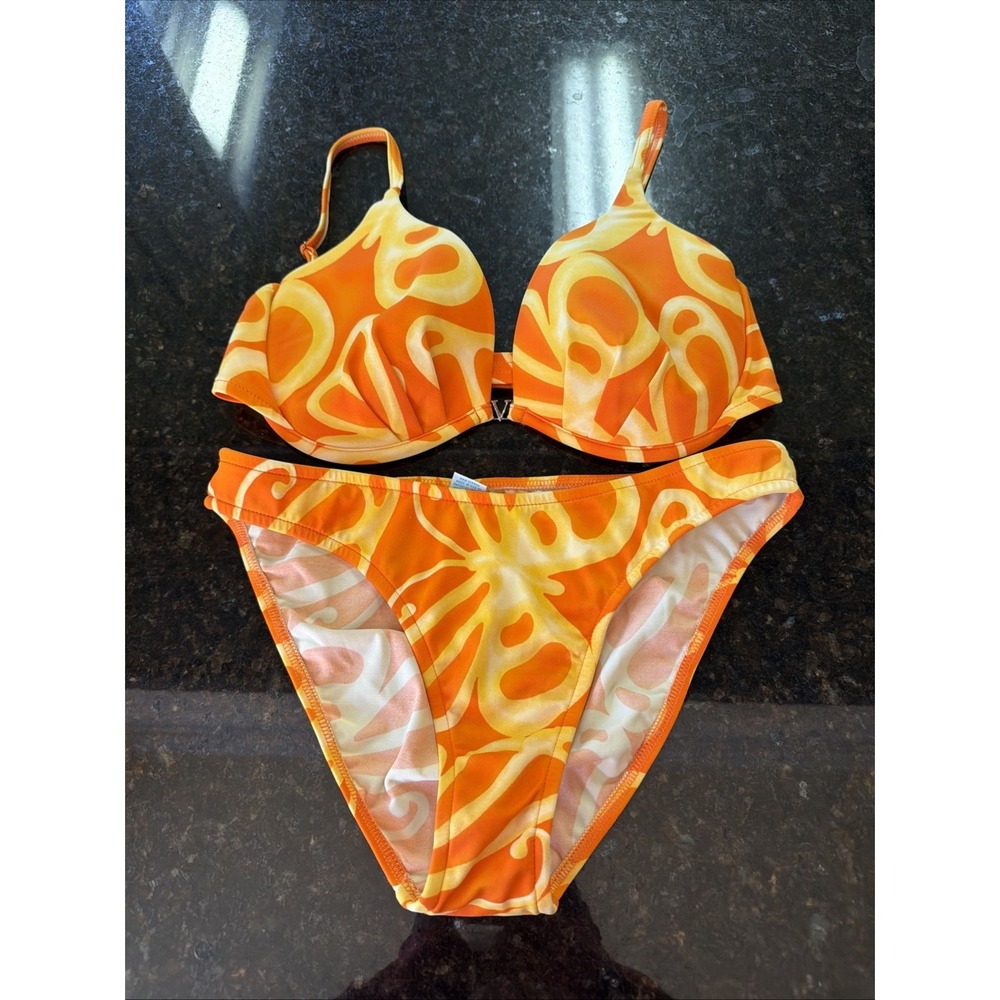 Venus Bikini Sz D Top 6 Bottoms Orange Yellow Swimsuit Underwire Padding Push-up